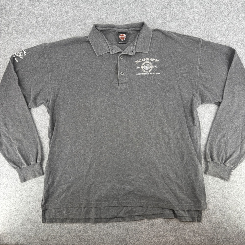 Harley-Davidson Polo Shirt Mens XXL Gray Long Sleeve Graphic Suffolk County EUC